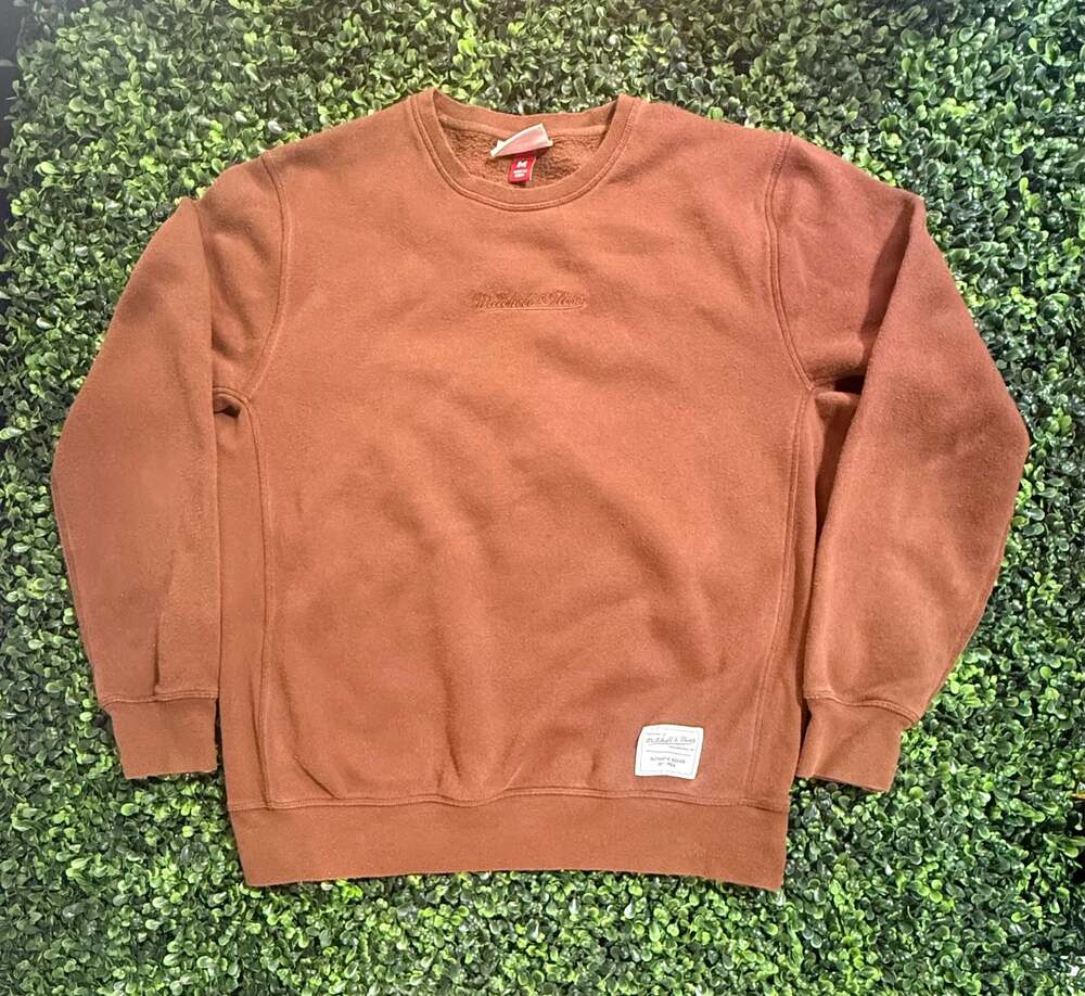 Mitchell & Ness Embroidered Script Logo Crewneck Sweatshirt Brown Medium